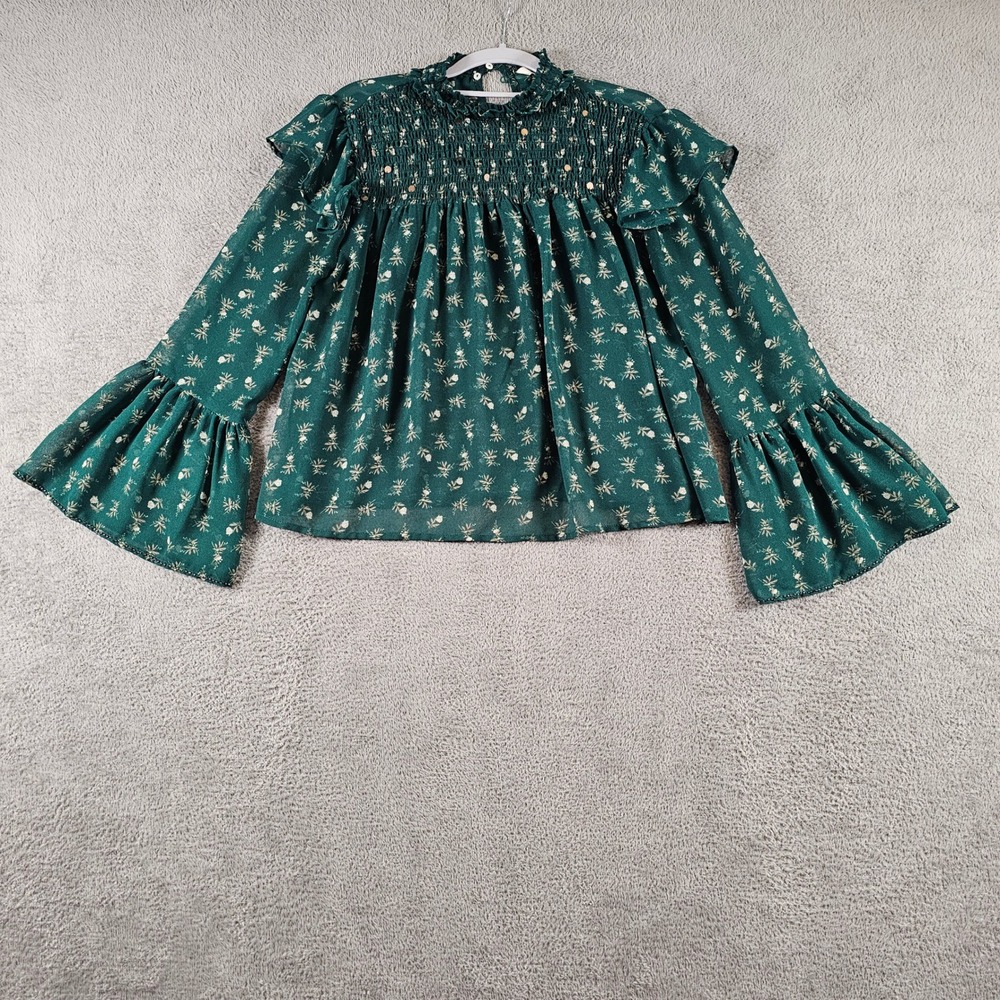 Zara Z1975 Denim Green Floral Smocked High Neck Ruffle Bell Sleeve Blouse Small